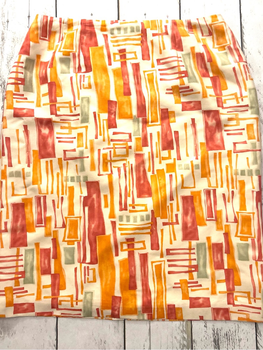 Talbots Skirt Abstract Geometric - Cream Orange Red Lined 65% Silk 35% Wool Sz S